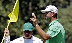 Gary Woodland of the United States after a birdie on the 10th hole during the Masters third round