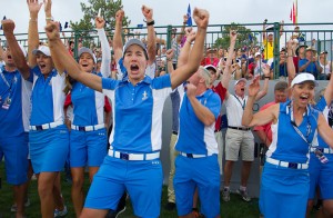 Europe's Carlota Ciganda and the team celebrate winning the Solheim Cup for the first time on American Soil