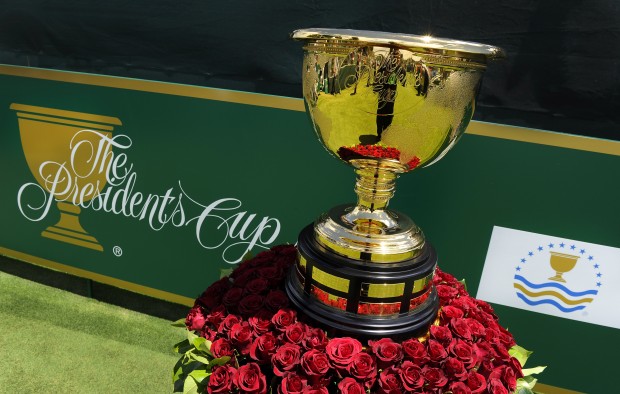 MELBOURNE, VICTORIA - NOVEMBER 19: The Presidents Cup  trophy is displayed on the first hole during the Day Four Singles Matches of the 2011 Presidents Cup at Royal Melbourne Golf Course on November 20, 2011 in Melbourne, Australia.(Photo by Stan Badz/PGA TOUR)