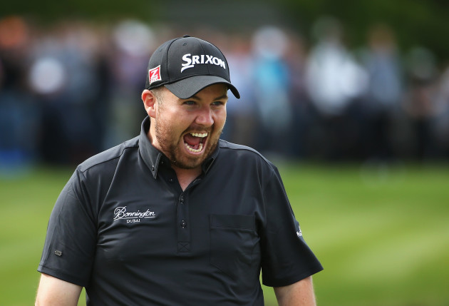 BMW PGA Championship 25/5/2014 Shane Lowry of Ireland celebrates holing a birdie putt on the 18th green  Mandatory Credit ©INPHO/Getty Images