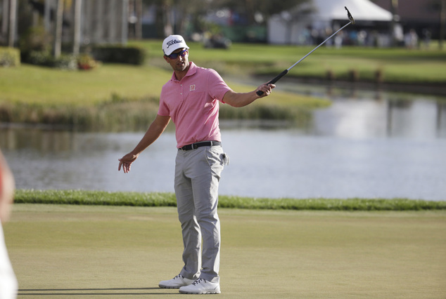 Adam Scott, of Australia, misses a putt on the 16th hole during the fourth round of the Honda Classic golf tournament, Sunday, Feb. 28, 2016, in Palm Beach Gardens, Fla. Scott won the tournament with a 9-under-par. (AP Photo/Lynne Sladky)