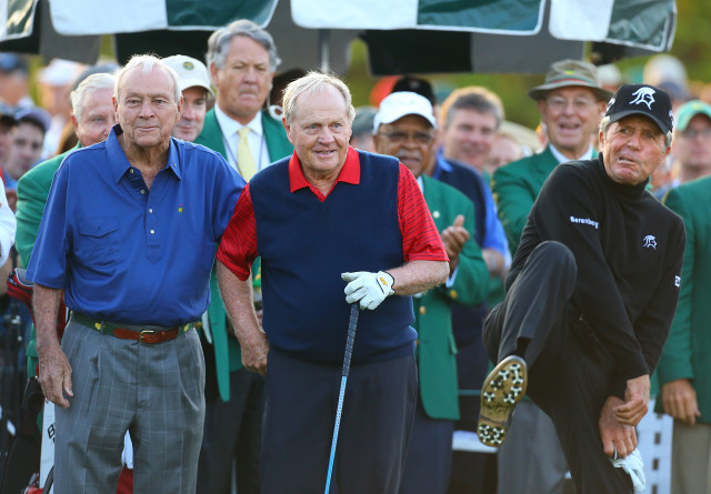 040915 AUGUSTA: Arnold Palmer (from left), Jack Nicklaus and Gary Player, The Legends of Golf, kick it off it up as honorary starters to begin the Masters on Thursday, April 9, 2015, in Augusta. Curtis Compton / ccompton@ajc.com