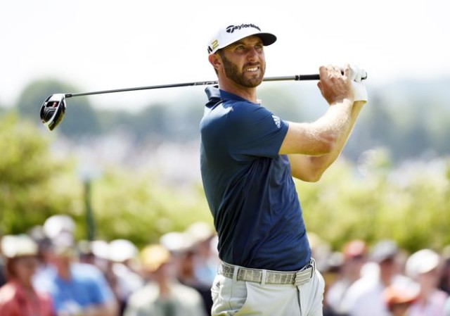 Jun 19, 2016; Oakmont, PA, USA; Dustin Johnson hits his tee shot on the 2nd hole during the final round of the U.S. Open golf tournament at Oakmont Country Club. Mandatory Credit: John David Mercer-USA TODAY Sports