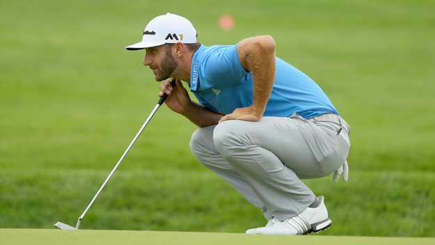 OAKMONT, PA - JUNE 17: Dustin Johnson of the United States looks over a putt on the first green during the continuation of the weather delayed first round of the U.S. Open at Oakmont Country Club on June 17, 2016 in Oakmont, Pennsylvania. (Photo by Andrew Redington/Getty Images)
