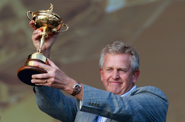 NEWPORT, WALES - OCTOBER 04: European Team Captain Colin Montgomerie poses with the Ryder Cup at the closing cermonies following Europe's 14.5 to 13.5 victory over the USA at the 2010 Ryder Cup at the Celtic Manor Resort on October 4, 2010 in Newport, Wales. (Photo by Andrew Redington/Getty Images)